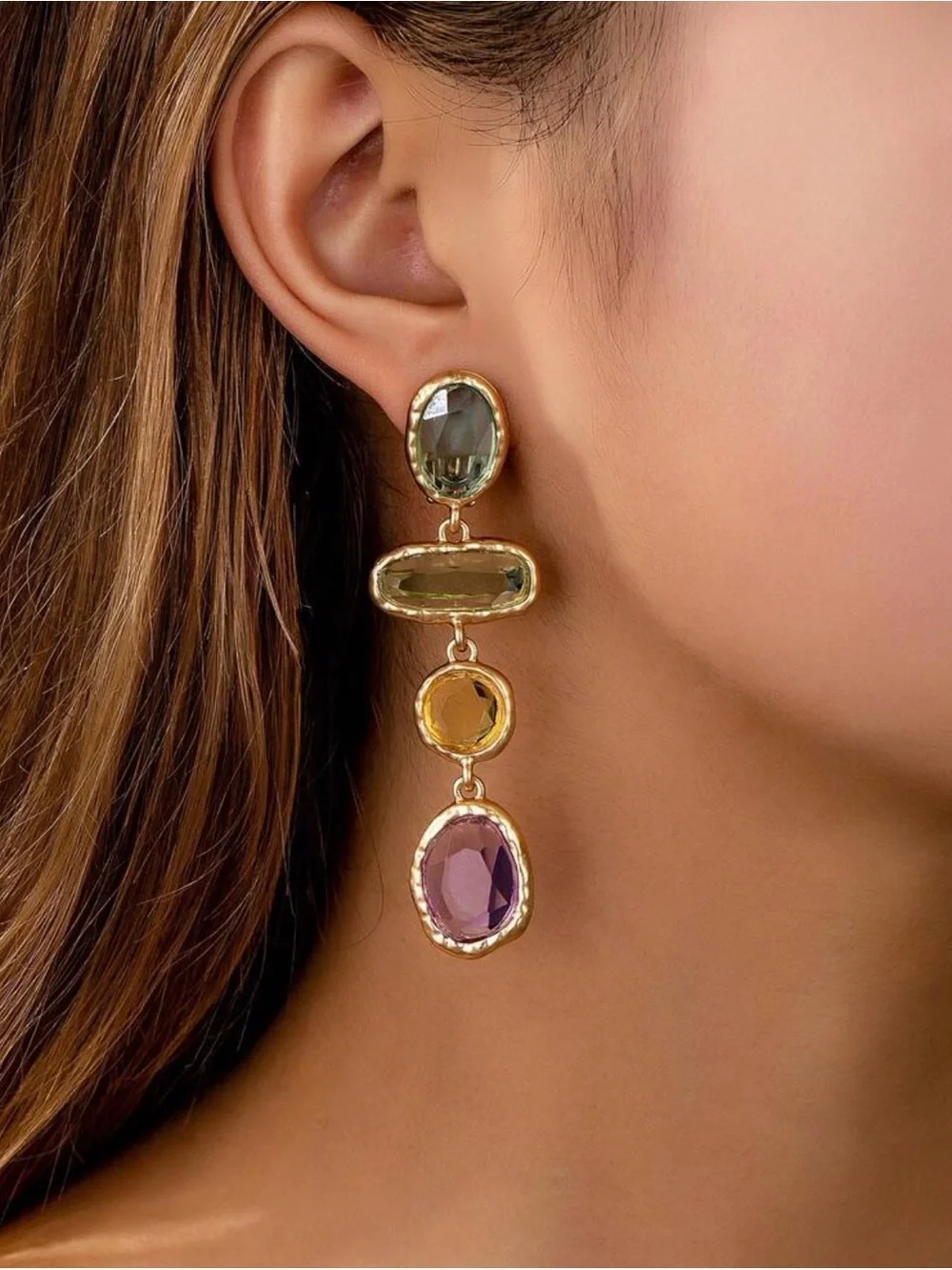 Gold Drop Earrings with Green, Yellow and Purple Stones